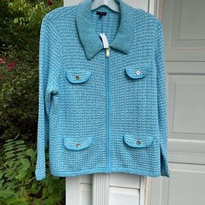 NWT Talbots Gorgeous Turquoise White Woven Pocket Front Zip Front Cardigan